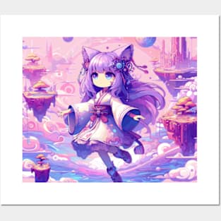 Otaku Cat Girl with Kimono in Magical Landscape. Posters and Art